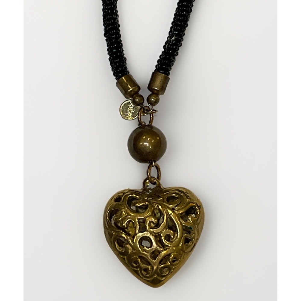 Vintage Suku Brass Chime Heart Pendant Black Kumihama Statement Necklace Long